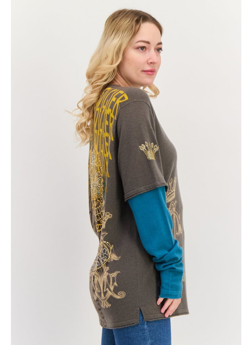 CHRISTIAN AUDIGIER Women Round Neck Embellished Sweater, Grey  - Image 2