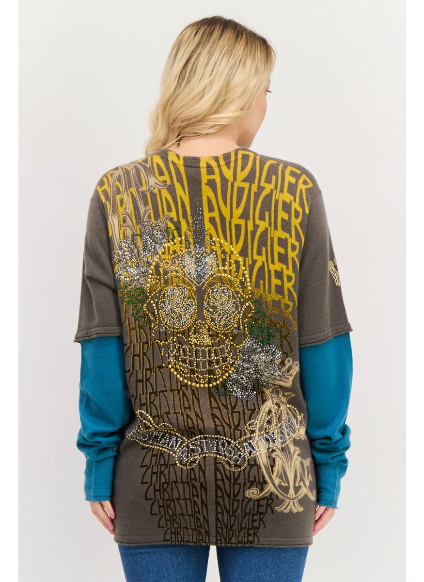 CHRISTIAN AUDIGIER Women Round Neck Embellished Sweater, Grey  - Image 3