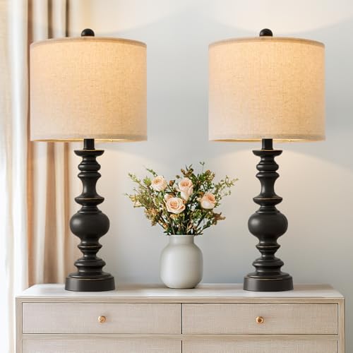 BOBOMOMO 24 Traditional Farmhouse Table Lamp Set of 2 Vintage Resin Lamps for Living Room Bedroom Rustic Nightstand Lamp with Linen Shades Retro Black Table Lamps for Living Room Bedroom Office - Image 3