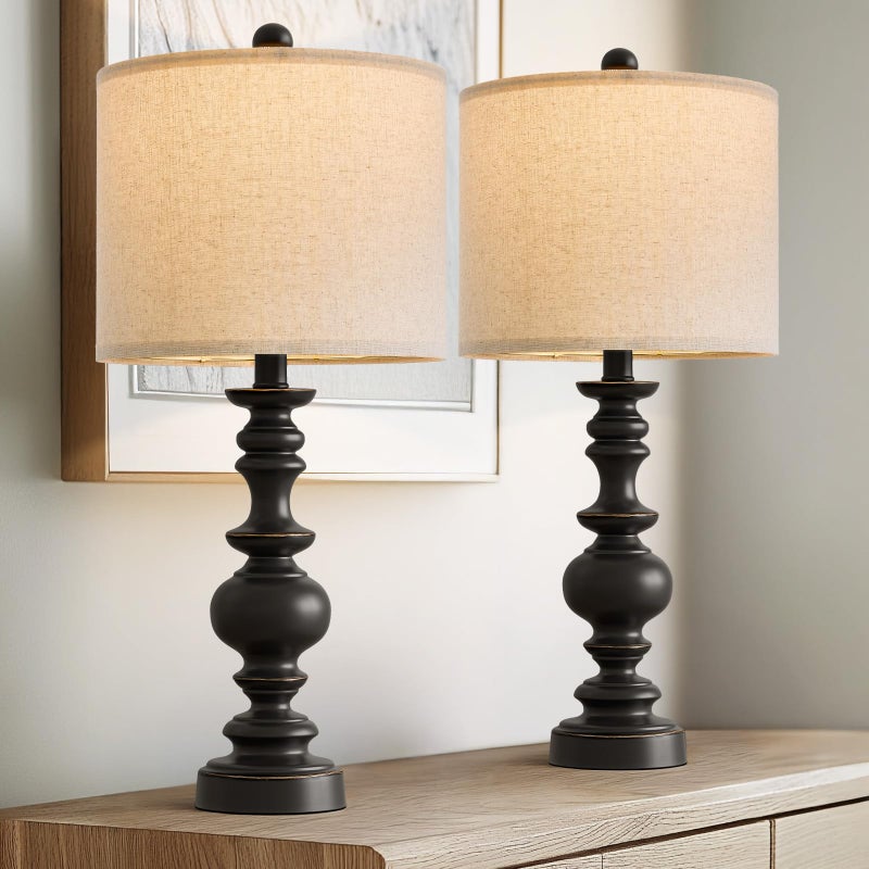 BOBOMOMO 24 Traditional Farmhouse Table Lamp Set of 2 Vintage Resin Lamps for Living Room Bedroom Rustic Nightstand Lamp with Linen Shades Retro Black Table Lamps for Living Room Bedroom Office - Image 2