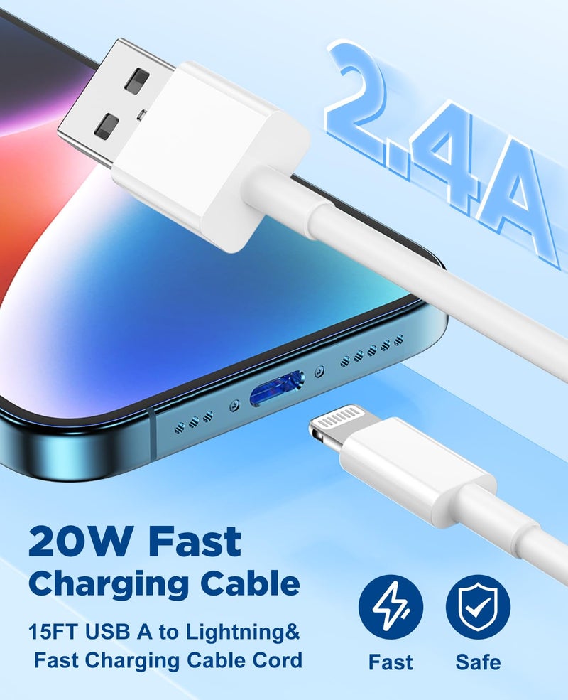 Hcoob 15 FT iPhone Charger Cord Extra Long, [Apple MFi Certified] Lightning Cable 5M, 2.4A Long iPhone Charger Cable Fast Charging Cable 15 Foot for iPhone 14/14pro/13/12/11/11Pro/X/XR/XS Max/8-White - Image 2