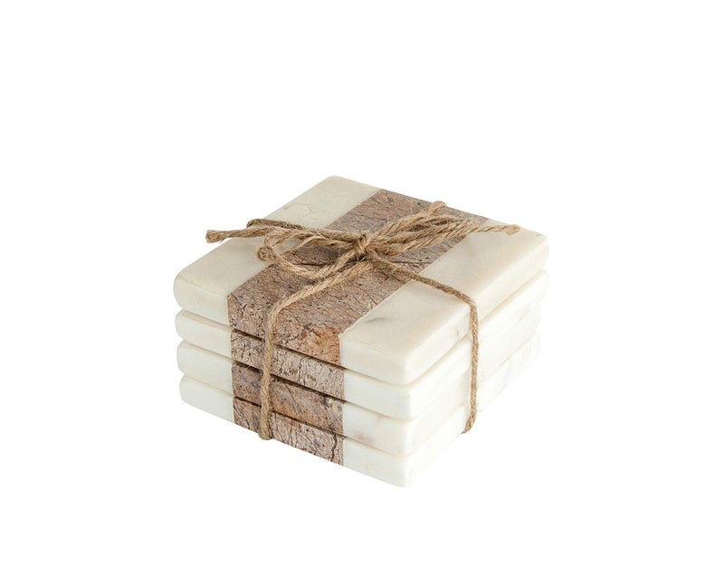 Creative Co-Op Square Marble Coasters with Jute String  Brown (Set of 4 Pieces) - Image 1
