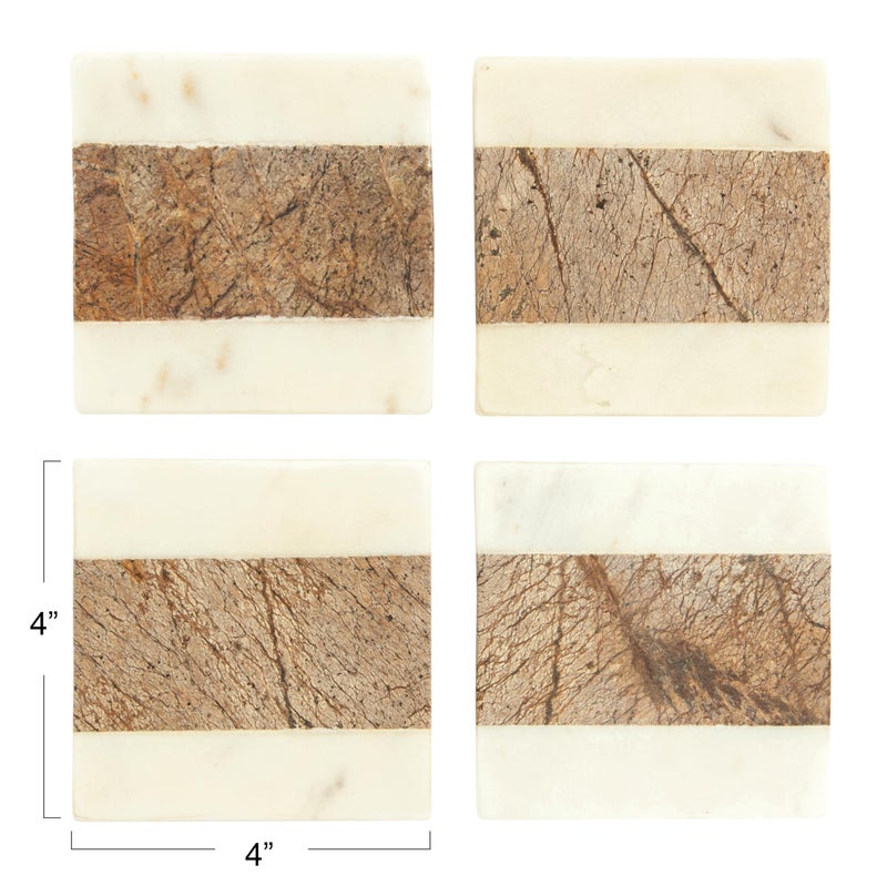 Creative Co-Op Square Marble Coasters with Jute String  Brown (Set of 4 Pieces) - Image 2