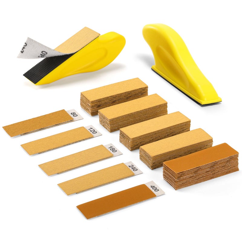 POLIWELL 100 Pcs Hand Sander Kit 35 x 1 Mini Micro Sander for Small Projects Detail Finger Sanding Block Tools 80 120 180 240 400 Grit Wet Dry Sandpaper Sheets for DIY Crafts Wood Plastic