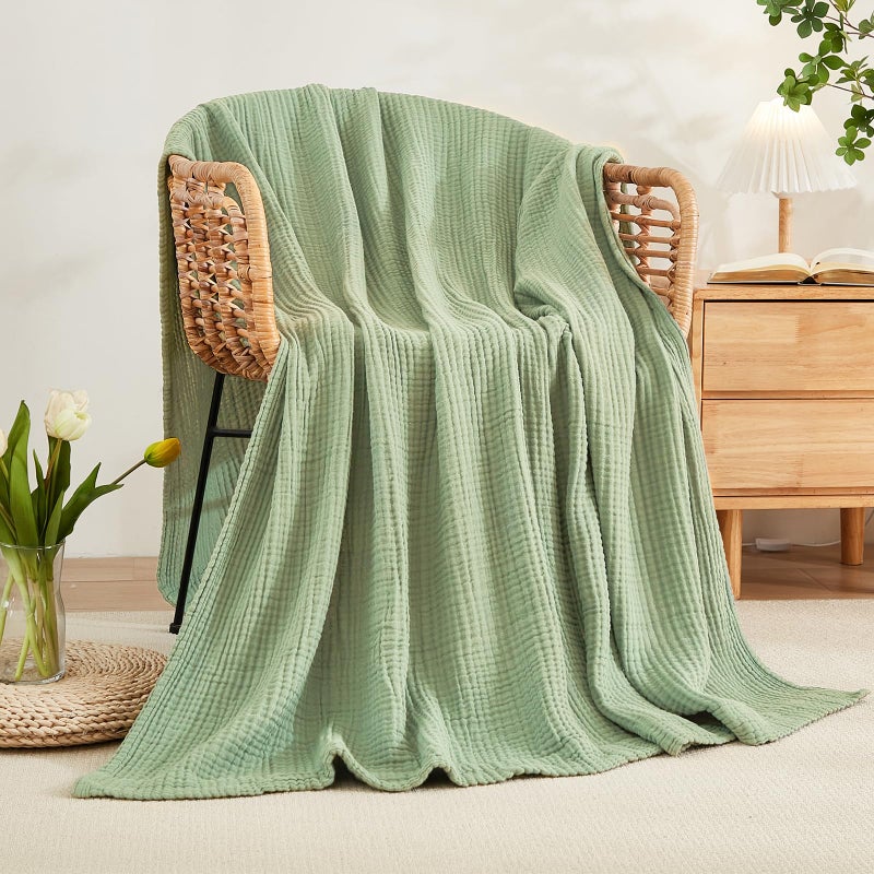 EMME Cotton Blanket Queen Size for Bed Soft Large Muslin Bed Blankets 90"x90" Lightweight Breathable Blanket Bedspread All Season Gauze, Sage Green - Image 3