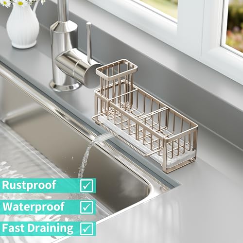 HapiRm Sponge Holder for Kitchen Sink - Self-draining Sink Caddy with Brush Holder and Dishcloth Holder, Stainless Steel Kitchen Organizer for Countertop - Brushed Nickel - Image 5