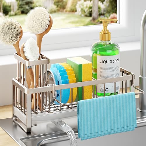 HapiRm Sponge Holder for Kitchen Sink - Self-draining Sink Caddy with Brush Holder and Dishcloth Holder, Stainless Steel Kitchen Organizer for Countertop - Brushed Nickel - Image 1