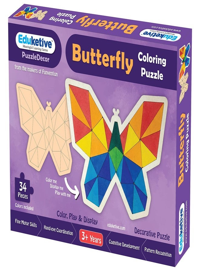 Eduketive PuzzleDecor Butterfly Decorative Coloring Puzzle with Stand 34 Pieces Kids Age 3-12 Years Old + Free Colors - Image 1