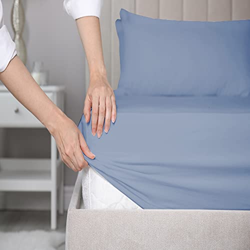 SleepyCat Fitted Bedsheet Set 100% Cotton 200TC Percale Combed Yarn with a Durable Elastic and Corner Stitch Oeko-TEX & AZO Free with 2 Standard Size Pillow Cases (Queen Size 78x60) Twilight Blue - Image 1