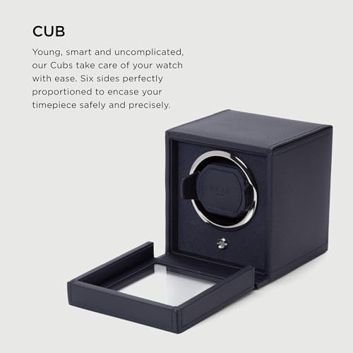 Wolf Designs Wolf Cub Single Watch Winder with Glass Cover, Navy - Secure Fit with Patented Lock-in Dynamic Cuff - Accommodates All Wrist Sizes - Vegan Leather - Includes Universal Adapter - Image 2