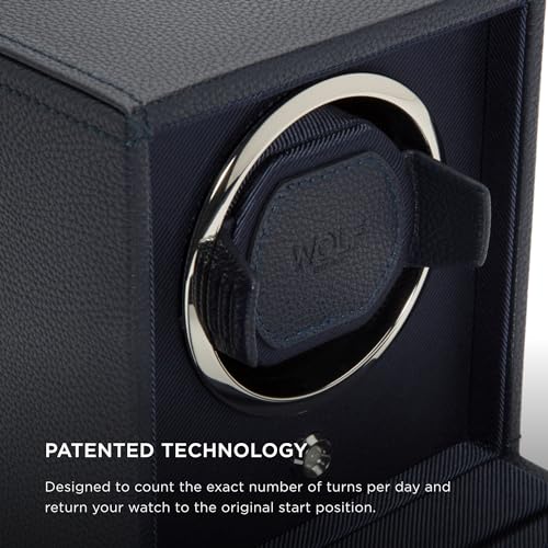 Wolf Designs Wolf Cub Single Watch Winder with Glass Cover, Navy - Secure Fit with Patented Lock-in Dynamic Cuff - Accommodates All Wrist Sizes - Vegan Leather - Includes Universal Adapter - Image 3