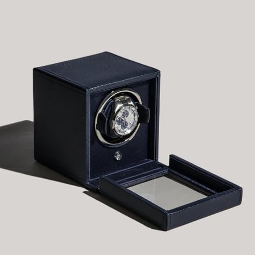 Wolf Designs Wolf Cub Single Watch Winder with Glass Cover, Navy - Secure Fit with Patented Lock-in Dynamic Cuff - Accommodates All Wrist Sizes - Vegan Leather - Includes Universal Adapter - Image 5