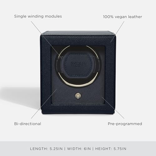 Wolf Designs Wolf Cub Single Watch Winder with Glass Cover, Navy - Secure Fit with Patented Lock-in Dynamic Cuff - Accommodates All Wrist Sizes - Vegan Leather - Includes Universal Adapter - Image 4