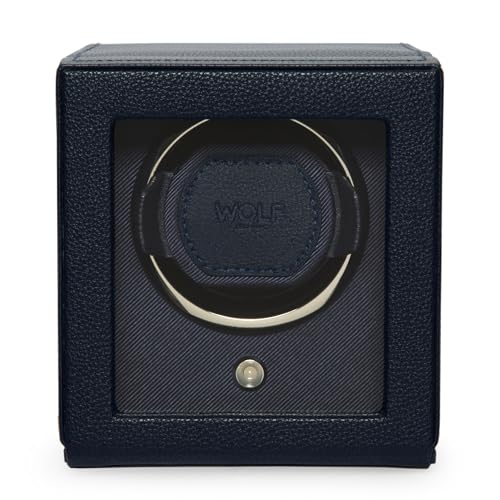 Wolf Designs Wolf Cub Single Watch Winder with Glass Cover, Navy - Secure Fit with Patented Lock-in Dynamic Cuff - Accommodates All Wrist Sizes - Vegan Leather - Includes Universal Adapter - Image 1