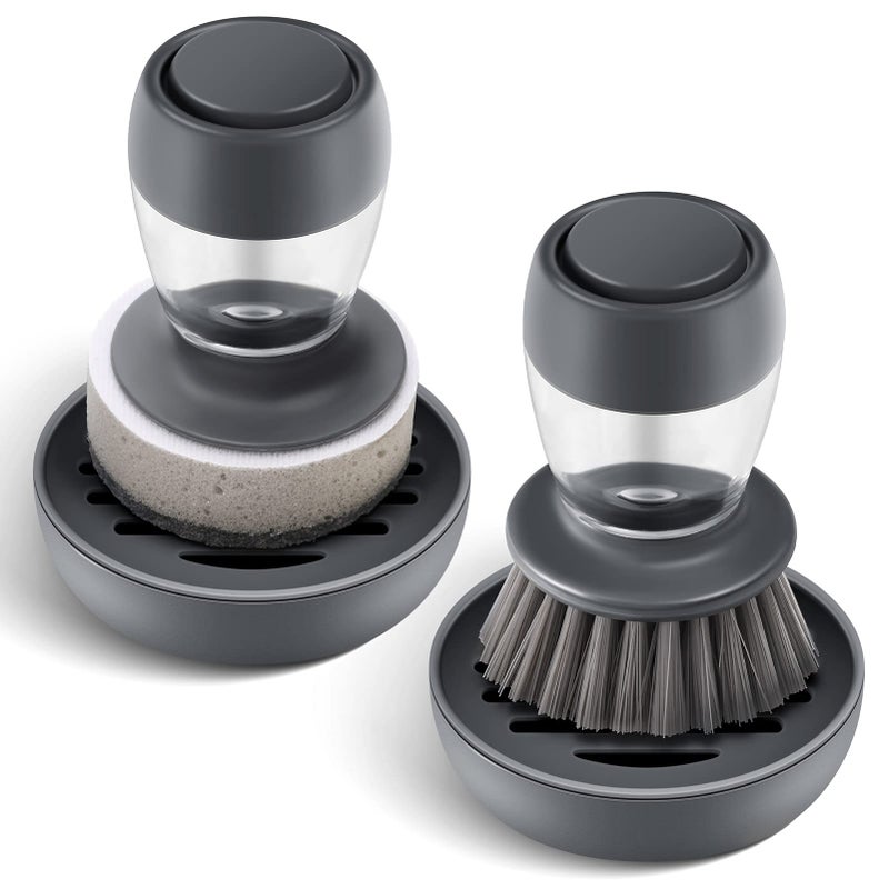 SUBEKYU Dish Brush with Soap Dispenser Kitchen Dish Scrubbers Set with Draining Tray for Washing DishesPots Grey Set of 2 