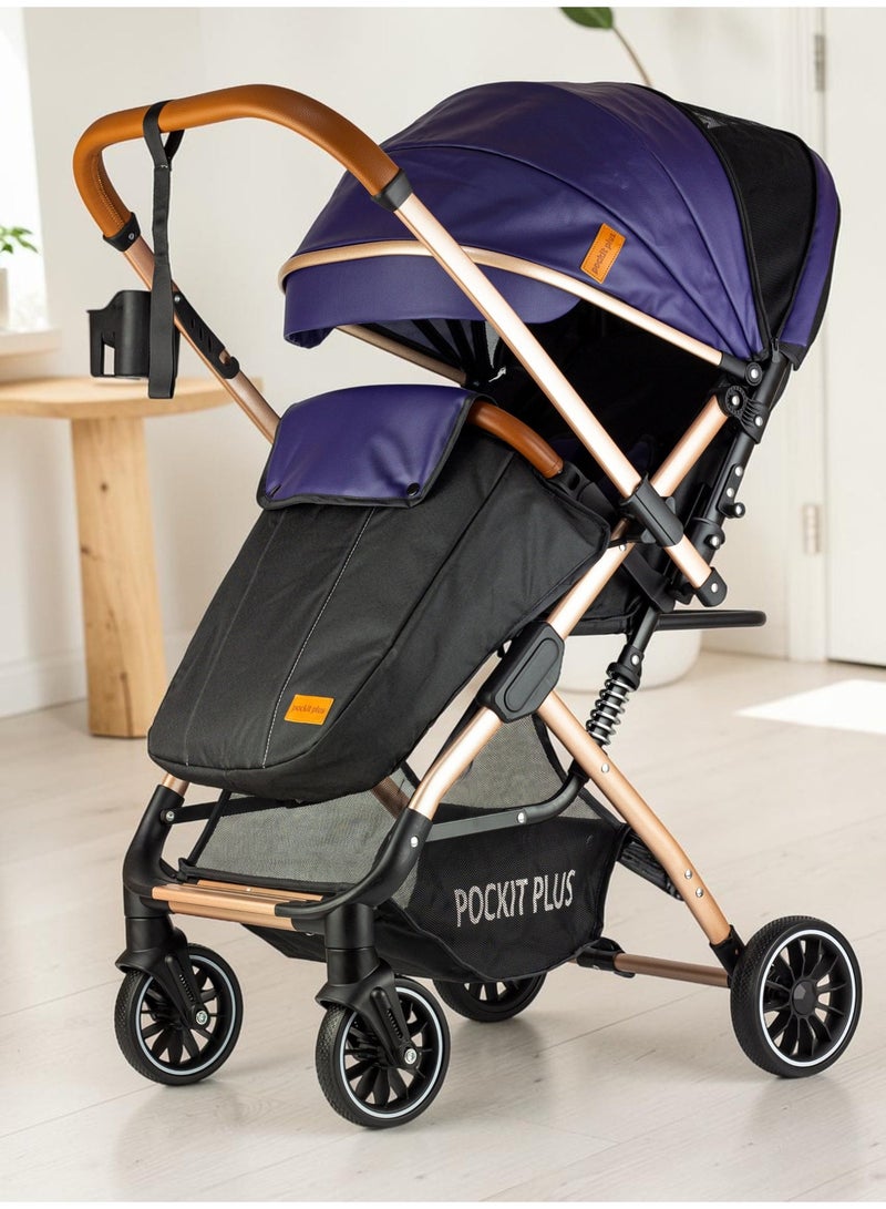 LUCID Luxury Baby Stroller Handle with Umbrella and Leather Cover from Lucid Baby Model - POCKIT PLUS - Blue - Image 3
