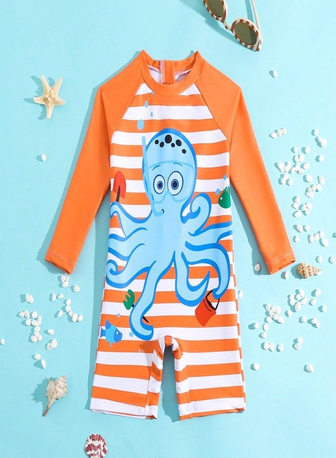 YAGATA Baby Boy Swimsuit Cute Rashguard Swimsuits Boys Swimming Suit Short Sleeve One Piece Swim Set Orange 9-12 Month - Image 3