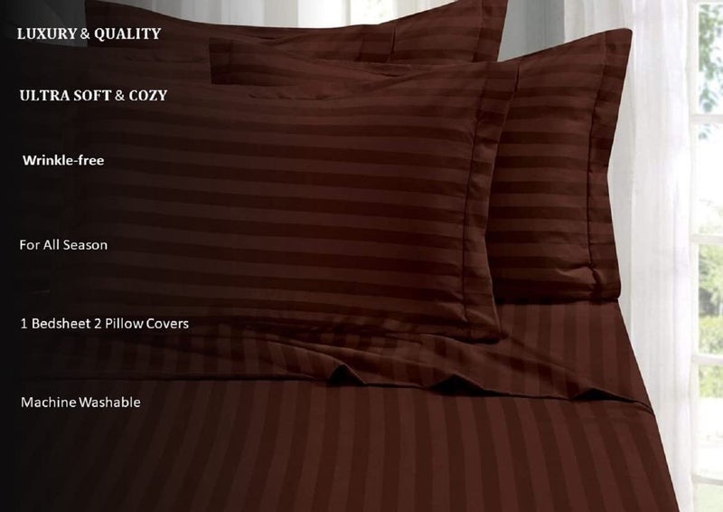 LAYNORA 220 TC 100% Cotton Feel Striped/Lining Plain Bedsheet for Double Bed King Size with Two Pillow Covers for Home-Hotels-Guest House-Dark Brown/Coffee - Image 2