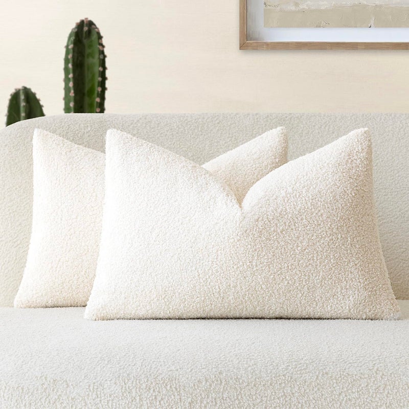 Foindtower Foindtower Pack of 2  Curly Faux Fur Decorative Throw Pillow Covers Soft Neutral Plush Cushion Case Cozy Fluffy Furry Boho Pillowcase for Home Living Room Couch Bed Sofa 12 x 20 Inch  Cream White  - Image 1