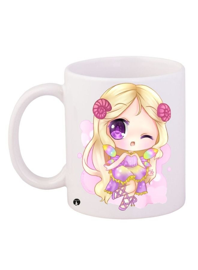 Cartoon Girl Printed Coffee Mug White/Purple/Beige 11ounce