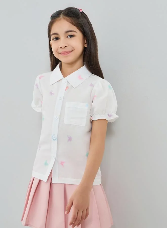 Styli Girls White Butterfly Print Puff Sleeve Top