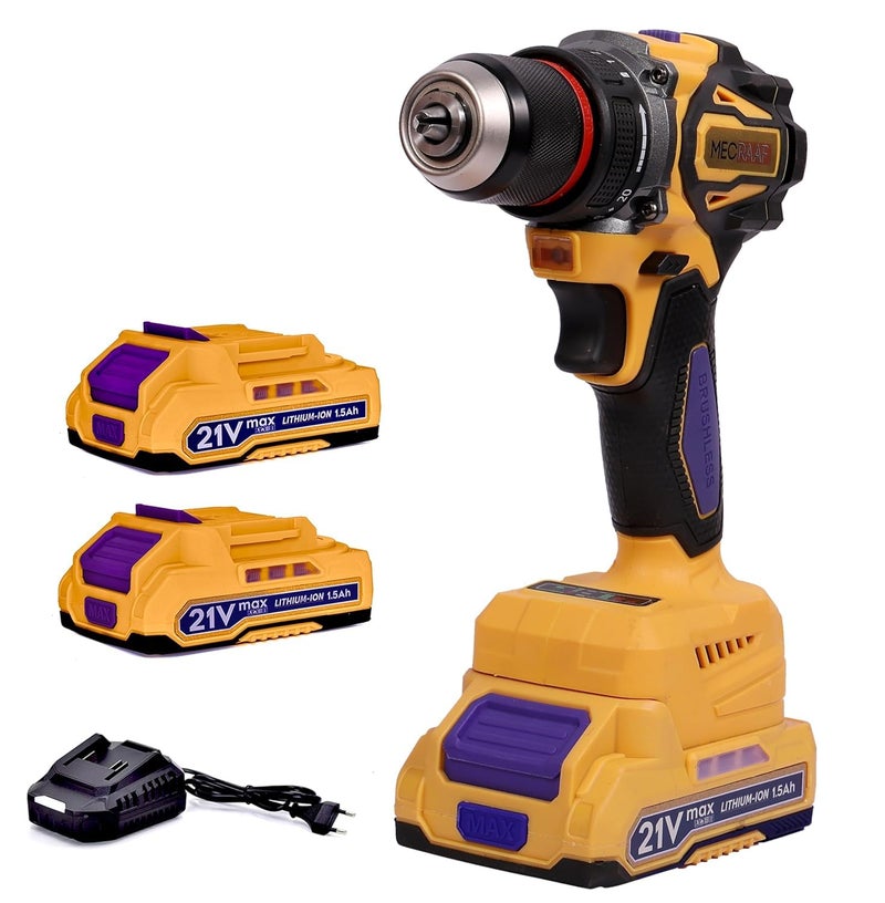 MECRAAF® Brushless Cordless Drill | 21V Screw Driver Set With 2 Batteries 1.5Ah | 20+1 Torque | 10Mm Keyless Chuck | 70N.M Max | 2 Speed | LED Work Light | Yellow - Image 1
