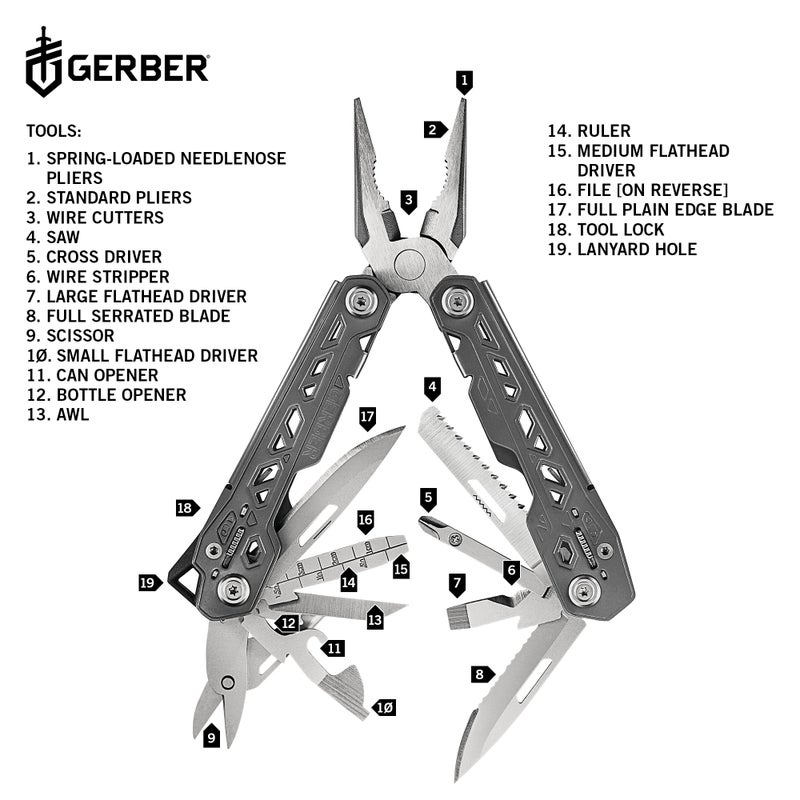 Gerber Gear Truss 17-in-1 EDC Needle Nose Pliers Multi tool - includes Pocket Knife, Screwdriver, and Bottle Opener Accessories - Gifts for Men, Fishing and Camping Gear - Gray with Standard Sheath - Image 4