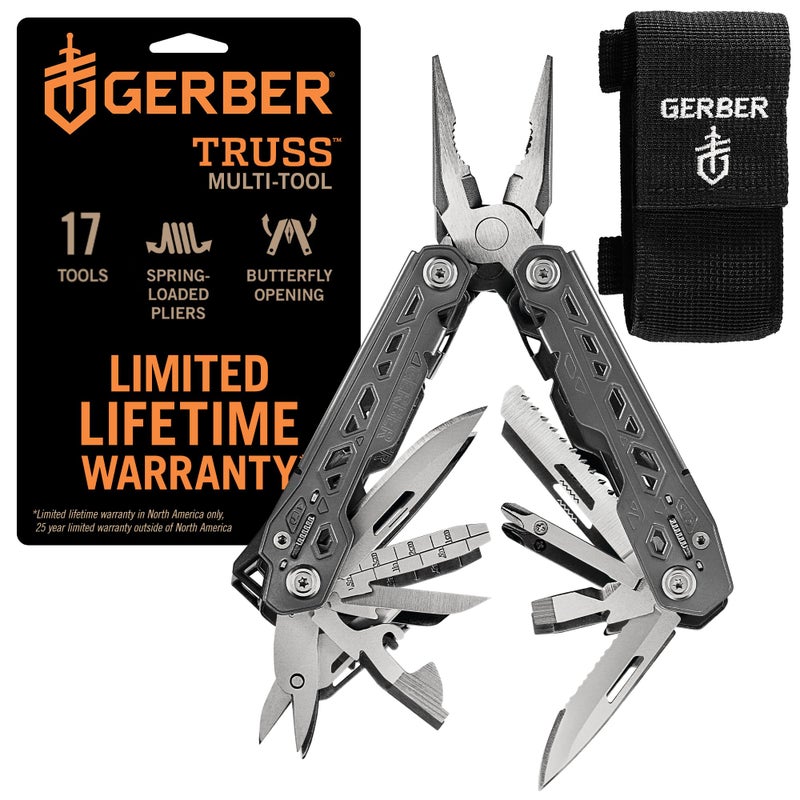 Gerber Gear Truss 17-in-1 EDC Needle Nose Pliers Multi tool - includes Pocket Knife, Screwdriver, and Bottle Opener Accessories - Gifts for Men, Fishing and Camping Gear - Gray with Standard Sheath - Image 1