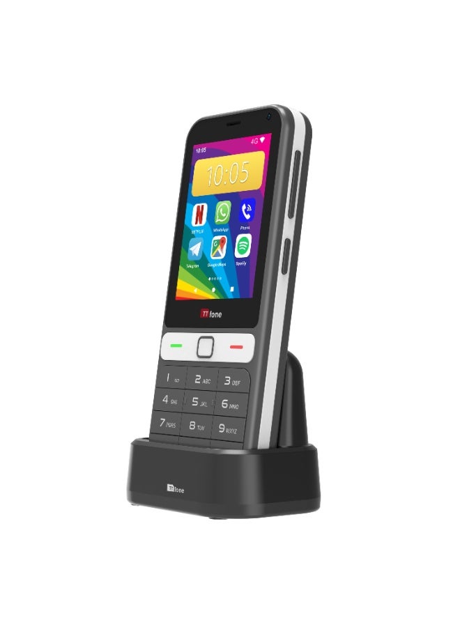 تي تي فون هاتف TTfone TT280 – هاتف محمول بسيط بتقنية 4G وتصميم تقليدي، يدعم شريحتي SIM ويعمل بنظام Android، مزود بشاشة لمس مقاس 2.8 بوصة، هاتف ذكي بنظام الدفع المسبق (مع قاعدة شحن) - Image 1