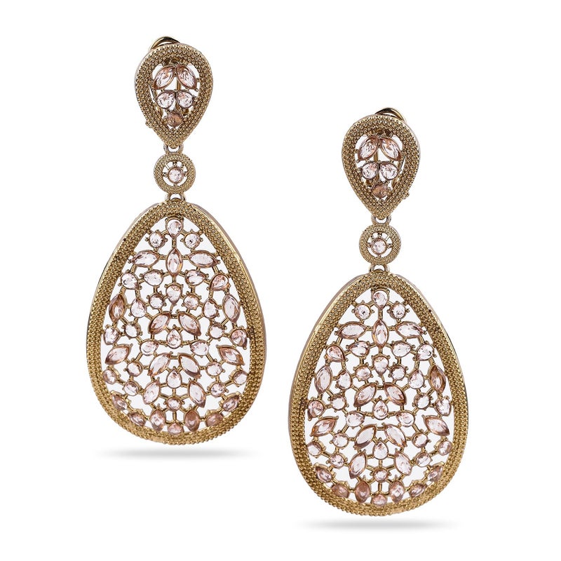 Rubans 22K Mehandi Gold-Plated Crystal & Zircon Studded Traditonal Drop Earrings - Image 3
