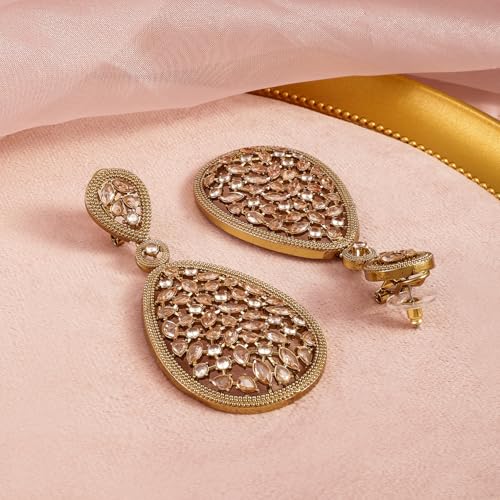 Rubans 22K Mehandi Gold-Plated Crystal & Zircon Studded Traditonal Drop Earrings - Image 2