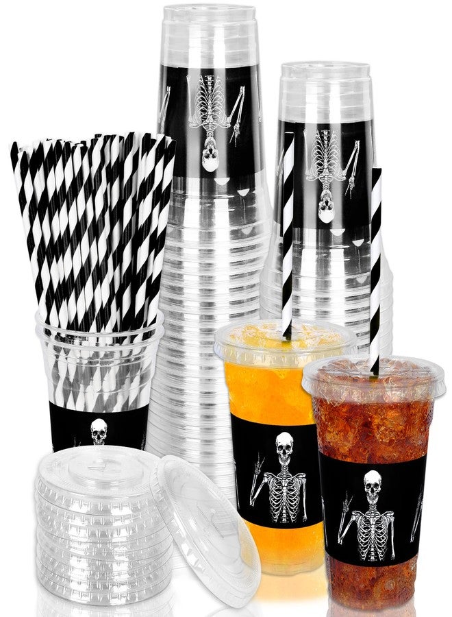 JarThenaAMCS 50Pcs Halloween Disposable Plastic Cups with Lids and Straws 12oz Funny Skeleton Cold Beverage Drinking Cups for Birthday Goth Party Supplies - Image 1