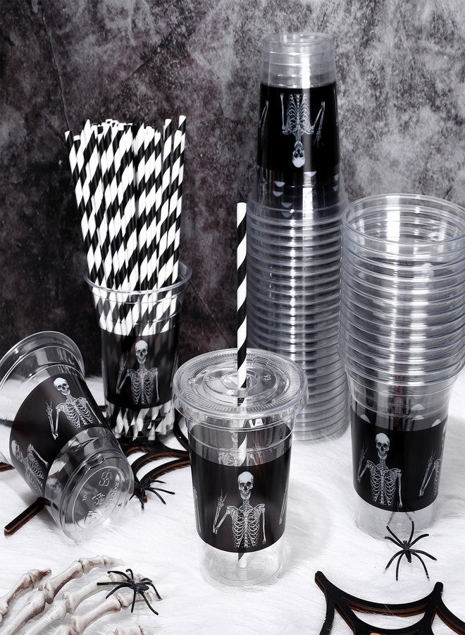 JarThenaAMCS 50Pcs Halloween Disposable Plastic Cups with Lids and Straws 12oz Funny Skeleton Cold Beverage Drinking Cups for Birthday Goth Party Supplies - Image 5