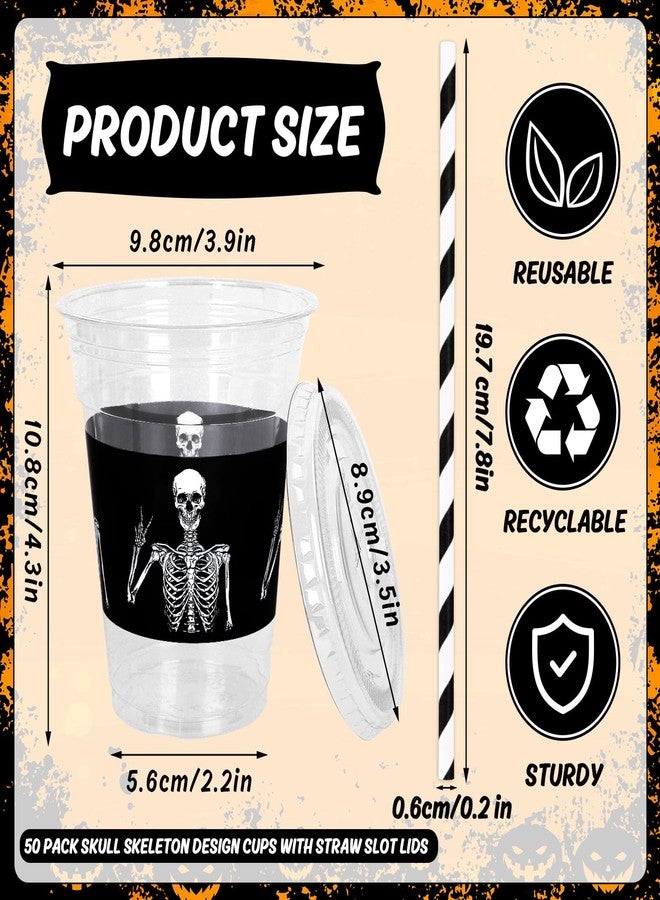 JarThenaAMCS 50Pcs Halloween Disposable Plastic Cups with Lids and Straws 12oz Funny Skeleton Cold Beverage Drinking Cups for Birthday Goth Party Supplies - Image 2