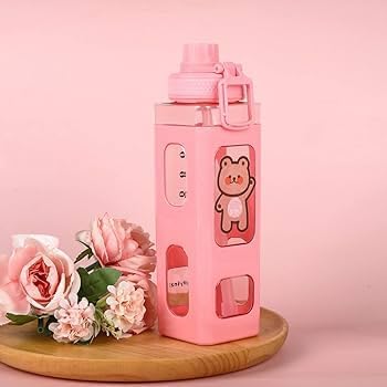 pelton Kawaii Water Bottle with Straw and Sticker, Kawaii Bear Water Bottle, Large Sport Plastic Portable Square Drinking Bottle for Girl, Cute Juice Tea Water Cups (Pink) 700 ml - Image 1