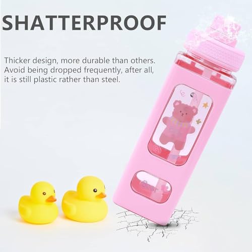 pelton Kawaii Water Bottle with Straw and Sticker, Kawaii Bear Water Bottle, Large Sport Plastic Portable Square Drinking Bottle for Girl, Cute Juice Tea Water Cups (Pink) 700 ml - Image 5