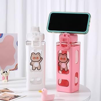 pelton Kawaii Water Bottle with Straw and Sticker, Kawaii Bear Water Bottle, Large Sport Plastic Portable Square Drinking Bottle for Girl, Cute Juice Tea Water Cups (Pink) 700 ml - Image 2