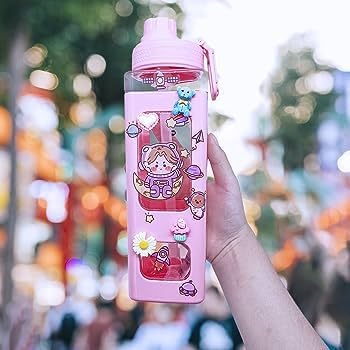 pelton Kawaii Water Bottle with Straw and Sticker, Kawaii Bear Water Bottle, Large Sport Plastic Portable Square Drinking Bottle for Girl, Cute Juice Tea Water Cups (Pink) 700 ml - Image 4