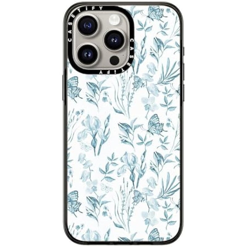 Casetify Compact Case for iPhone 15 Pro Max 【2X Military Grade Drop Tested / 4ft Drop Protection】 - Elegant pastel blue vintage erfly - Clear Black - Image 1