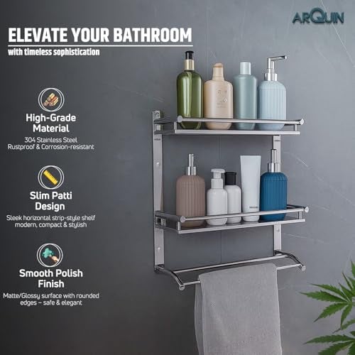 ARQUIN Bathroom Shelf 5x15x16 Inch | Bathroom Organiser Racks and Shelves | 304 Stainless Steel Wall Mount 3-Layer Multi-Purpose Organizer Shelf I Kitchen Wall Mount Bathroom Accessories Set - Image 3
