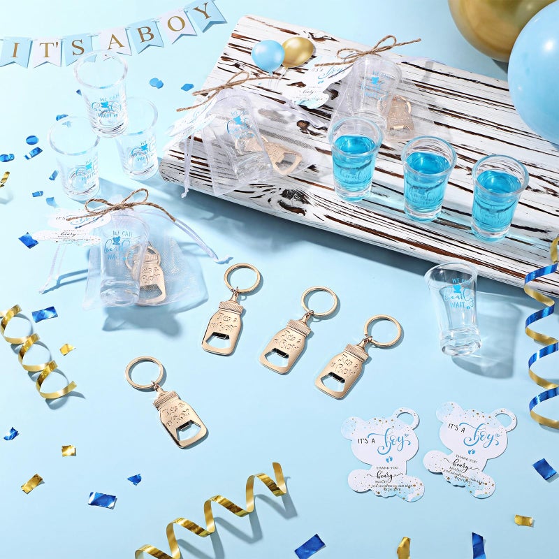 Vesici 20 Set Baby Shower Favors for Guests Bear Boy Acrylic Shot Glasses Gold Bottle Opener Keychains Thank You Tags and Bags for Baby Shower Party Gender Reveal Party Guests Return Gift - Image 5