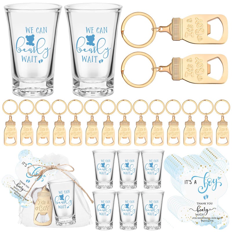 Vesici 20 Set Baby Shower Favors for Guests Bear Boy Acrylic Shot Glasses Gold Bottle Opener Keychains Thank You Tags and Bags for Baby Shower Party Gender Reveal Party Guests Return Gift - Image 1