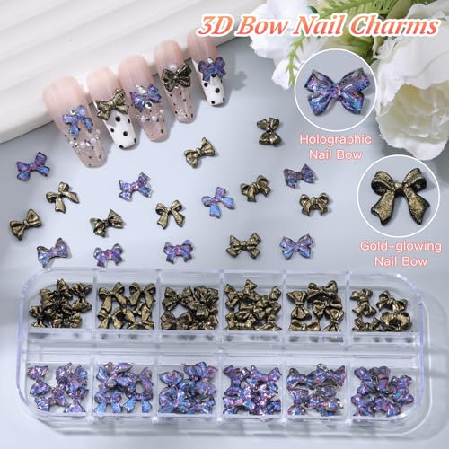 editTime 5 Boxes Black 3D Nail Charms Set 24Pcs Y2k Alloy Nail Art Rhinestone Charms 3D Bow Flower Crown Heart Star with Tweezers and Dualend Brush for Manicure Salon DIY CraftsFace Makeup Gems Jewels - Image 3