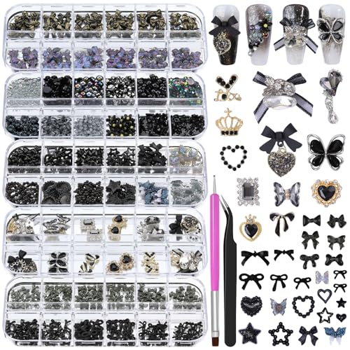editTime 5 Boxes Black 3D Nail Charms Set 24Pcs Y2k Alloy Nail Art Rhinestone Charms 3D Bow Flower Crown Heart Star with Tweezers and Dualend Brush for Manicure Salon DIY CraftsFace Makeup Gems Jewels - Image 1