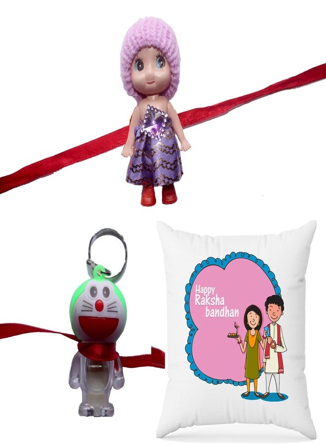 Ethnic Darzi Rakhi Combo Gift Set - 2 Kids Rakhis with Raksha Bandhan Printed Cushion - Gift for Kids | Rakhi with Pillow for Raksha Bandhan, RKCUS-54 - Image 1