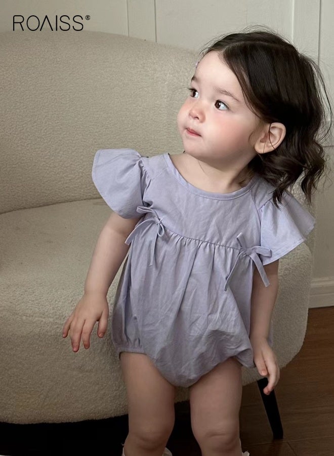 roaiss Baby Girls Playsuit with Back Strap Design, Adorable Bodysuit with Bowknots, Ruffle Sleeve Jumpsuit, Newborn Summer Clothes, Casual Tops for Infants, Easy to Wear and Change Diapers  - Image 2