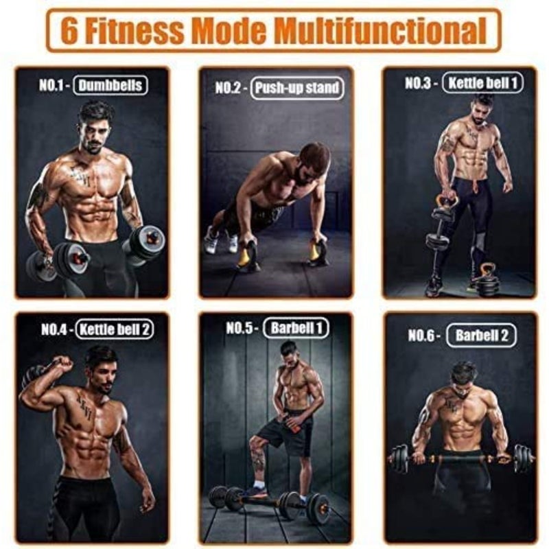 Home gym strength training: 15kg 4-in-1 adjustable dumbbell, barbell, kettlebell and push-up set in black steel with ergonomic grip and space-saving design - Image 4