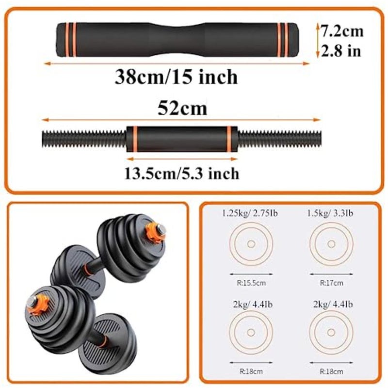 Home gym strength training: 15kg 4-in-1 adjustable dumbbell, barbell, kettlebell and push-up set in black steel with ergonomic grip and space-saving design - Image 5