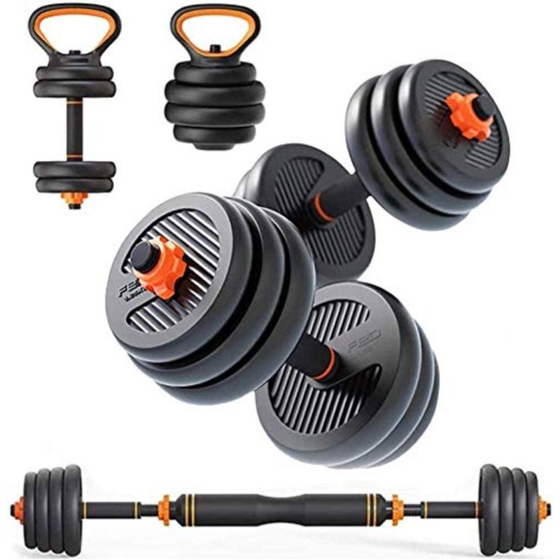 Home gym strength training: 15kg 4-in-1 adjustable dumbbell, barbell, kettlebell and push-up set in black steel with ergonomic grip and space-saving design - Image 1