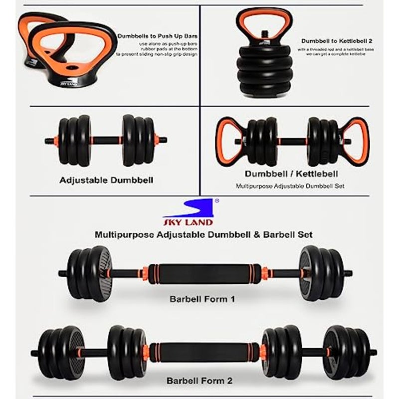 Home gym strength training: 15kg 4-in-1 adjustable dumbbell, barbell, kettlebell and push-up set in black steel with ergonomic grip and space-saving design - Image 2
